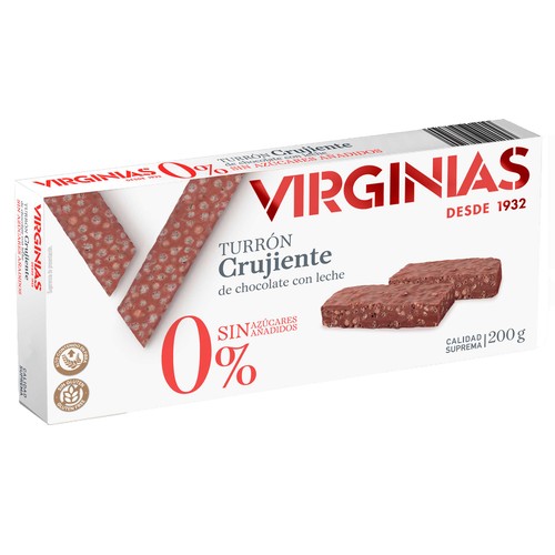 VIRGINIAS Turrón crujiente 0% sin azúcares añadidos de chocolate con leche 200 g.