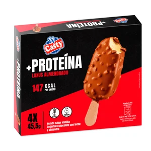 CASTY + Proteína Helado vainilla con alto contenido en proteínas, chocolate con leche y almendra 4 x 70 ml.