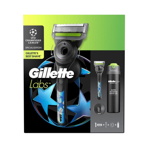 GILLETTE Labs Neceser con maquinilla de afeitar, + cabezal y espuma de afeitar de 198 ml.
