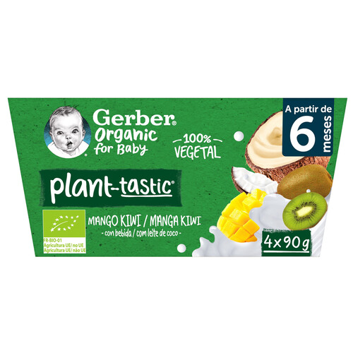 GERBER Postre 100% vegetal infantil con bebida de coco, mango y kiwi ecológicos, a partir de 6 meses GERBER Organic 4 x 90 g.