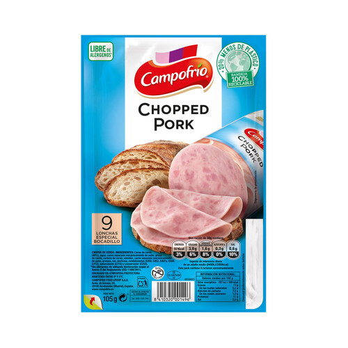 CAMPOFRÍO Chopped pork elaborado sin gluten y cortado en lonchas, especiales para bocadillo CAMPOFRÍO 105 g.