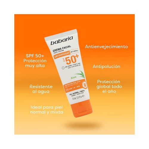 BABARIA Protector solar facial, anti polución y anti envejecimiento con FPS 50+ (muy alto) 75 ml.