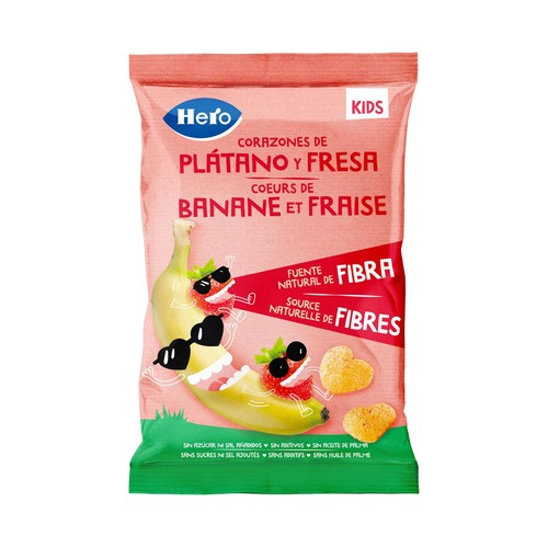 HERO Kids Snacks infantiles sin azúcares añadidos, de maíz con corazones de plátano y fresa, a partir de 36 meses 30 g.