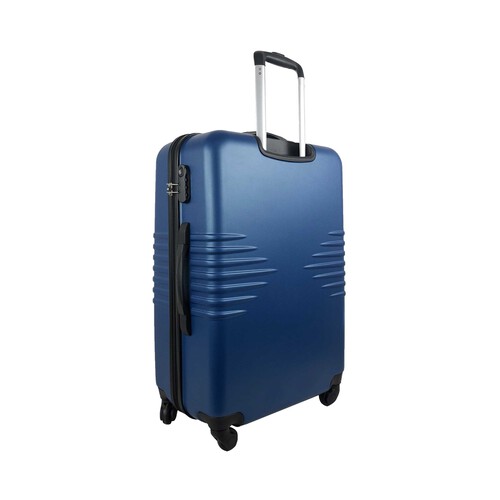 Maleta grande rígida de color azul de 70 cm. tipo trolley con 4 ruedas y cierre por código, AIRPORT ALCAMPO.