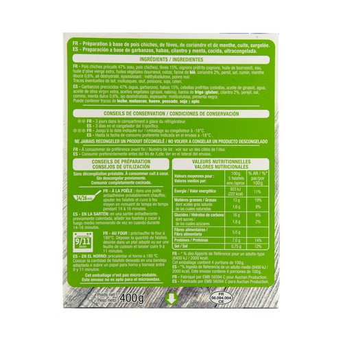 AUCHAN Preparado a base de garbanzos, habas, cilantro y menta 400 g. Producto Alcampo
