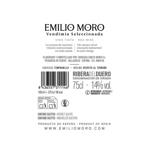 EMILIO MORO Vendimia seleccionada Vino tinto roble con D.O. Ribera del Duero botella 75 cl.