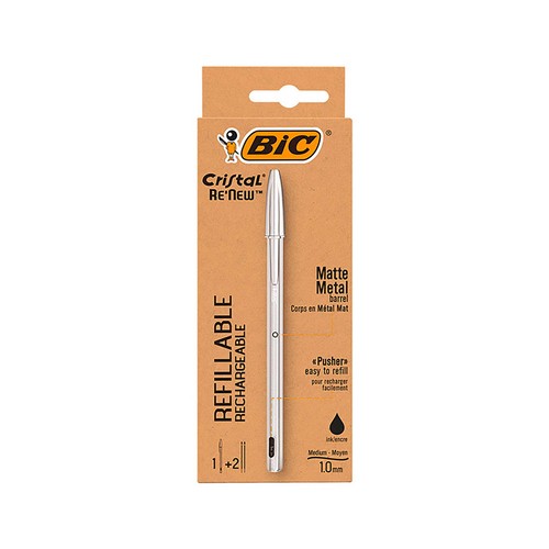 Boligrafo Cristal Renew tinta negra pack 1 unidad + 2 recambios, BIC.