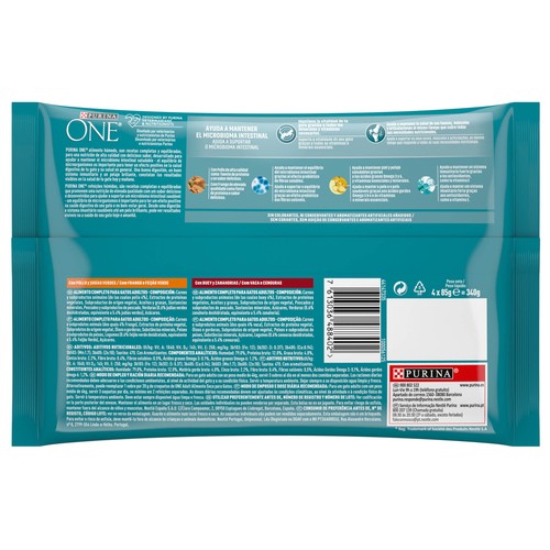 PURINA One Comida para gatos adultos a base de pollo y judías verdes (2) y buey y zanahorias (2) 4 x 85 g.