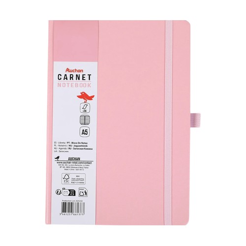 Cuaderno A5 de hojas rayadas, 96 hojas, 80 gr, color rosa, ALCAMPO.