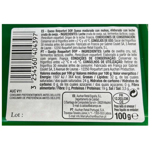 AUCHAN Queso roquefort 100 g. Producto Alcampo