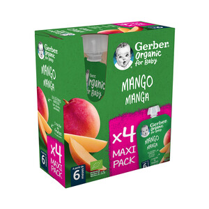 Imagen de GERBER Organic Bolsitas de frutas (mango), a paritr de 6 meses 4 x 90 g.