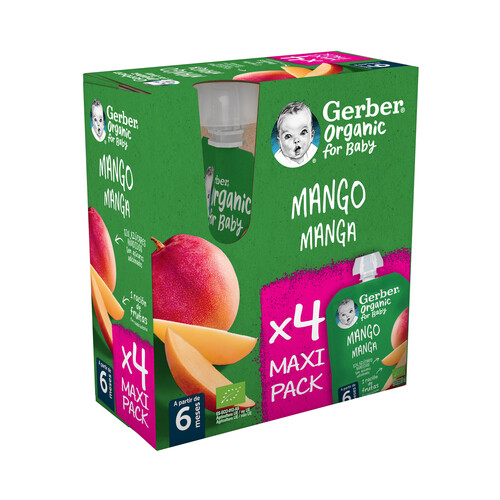 GERBER Organic Bolsitas de frutas (mango), a paritr de 6 meses 4 x 90 g.