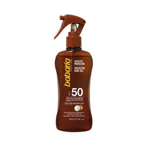 BABARIA Aceite solar en spray, con acción protectora y aceleradora del bronceado y FPS 50 (muy alto) BABARIA 200 ml.