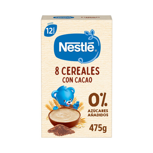 NESTLÉ Papilla de 8 cereales con cacao, sin azúcares añadidos, a partir de 12 meses 475 g.
