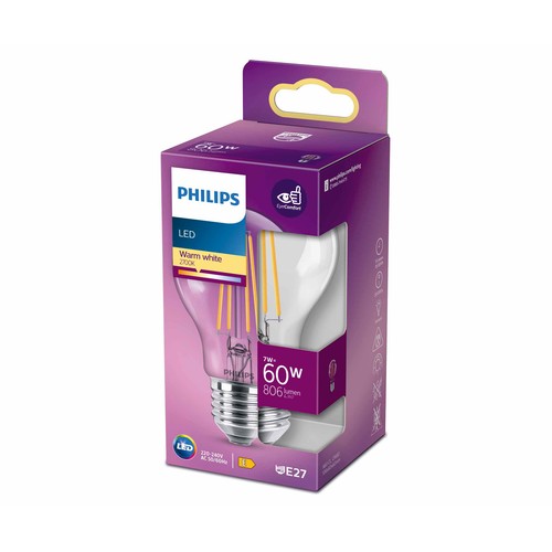 Bombilla Led E27, 7W=60W, luz cálida 2700K, 806lm, PHILIPS.