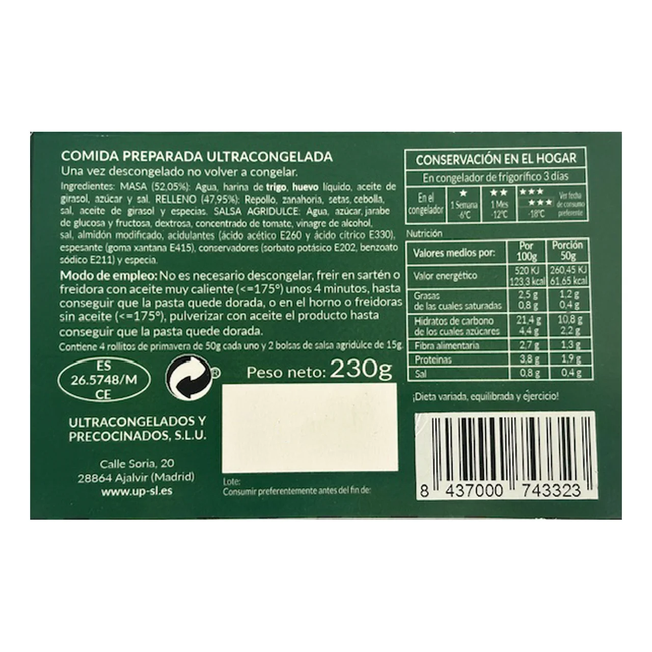 UP Rollitos primavera con verdura congelados 4 uds. 230 g.