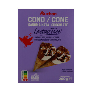 Imagen de AUCHAN Conos de helado de nata y chocolate, sin gluten y sin lactosa 4 x 120 ml. Producto Alcampo
