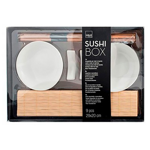 Juego de 9 piezas para Shushi de porcelana y bambú con esterilla para Makis, 21x25cm, PENGO