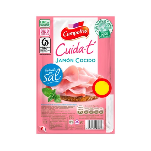 CAMPOFRÍO Jamón cocido reducido en sal y cortado en finas lonchas CAMPOFRÍO Cuida-t+ 65 g.