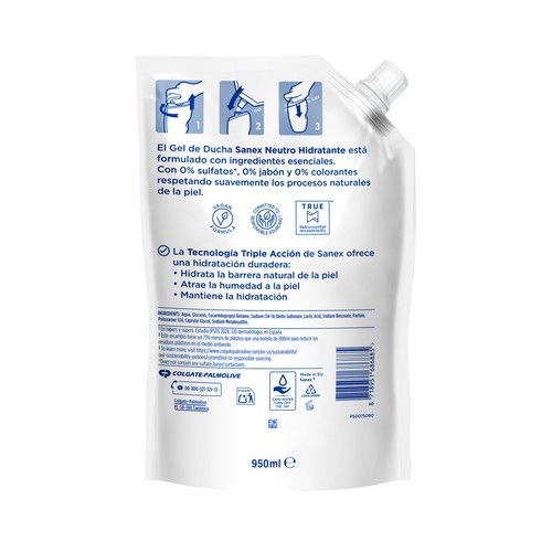 SANEX Sin neutro Recarga de gel hidratante para baño o ducha, para todo tipo de pieles 950 ml.