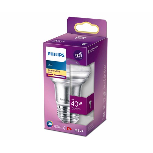 Bombilla Led E27, 3W=40W, luz cálida 2700K, 210lm, PHILIPS.