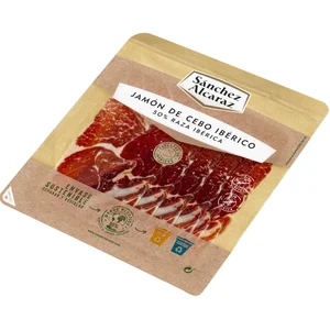 SÁNCHEZ ALCARAZ Jamón de cebo ibérico (50% raza ibérica), cortado en lonchas ALCARAZ 100 g.