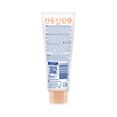 SANEX Sensitive Desodorante en crema unisex para todo el cuerpo (manos, axilas, zonas íntimas ...) 75 ml.