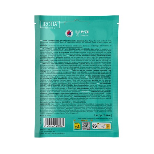 IROHA NATURE Mascarilla facial eliminadora de impurezas con carbón, efecto inmediato 3 uds.