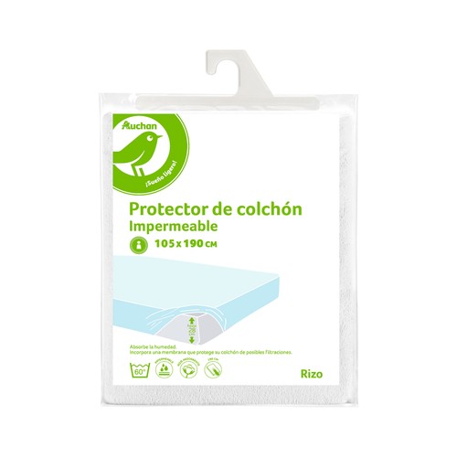 Protector colchón 105x190cm hasta 28cm de altura, rizo, de polietileno, impermeable, modelo Essential. AUCHAN