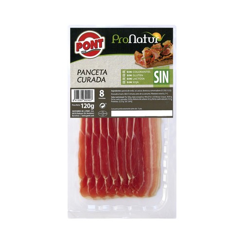 PONT Panceta curada cortada en lonchas, sin colorantes, ni gluten, ni soja ni lactosa PONT Pro natur 120 g.