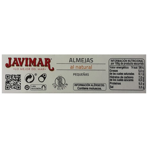 JAVIMAR Conserva de almejas al natural elaboradas en fresco lata de 63 g.