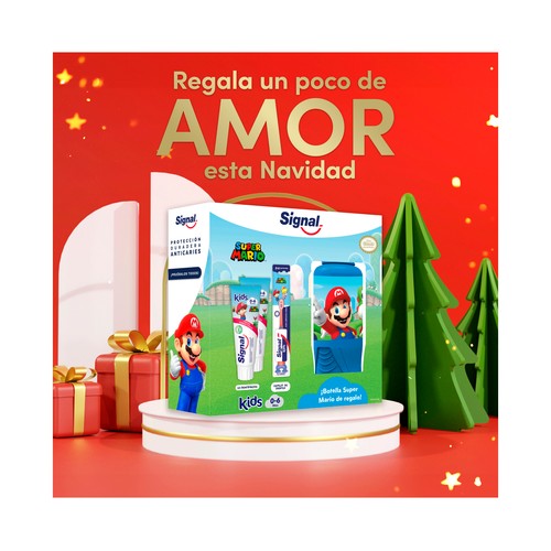 SIGNAL Super Mario - Kit cuidado bucal con 2 pastas y un cepillo de dientes infantil (0 - 6 años).