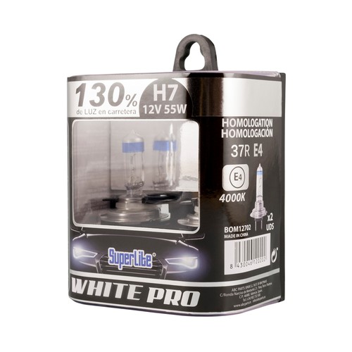 Bombillas H7, 4000K, 55W, +130% visión, SUPERLITE WHITE PRO.