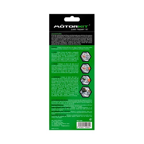 Kit restaurador MOTORKIT para faros de coche o camión.