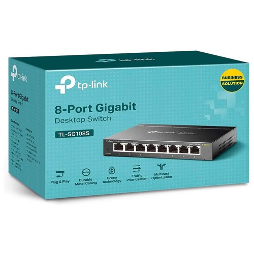 Switch TP-LINK TL-SG108S, 8 puertos Ethernet RJ45, 10/100/1000 Mbps.