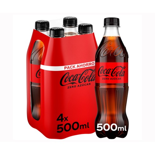 COCA COLA ZERO Refresco de cola sin azúcar pack 4 botellas de 500 ml.