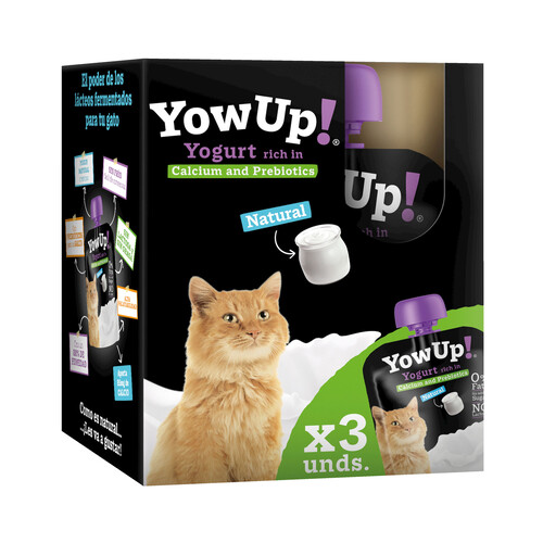 YOW UP! Yogur natural para gatos sin lactosa, rico en calcio y prebióticos, sin azúcar YOW UP! 3 bolsitas de 85 g.
