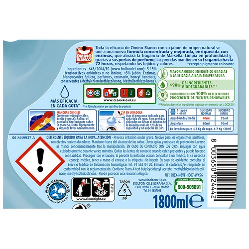 OMINO BIANCO Nature fresh Detergente líquido concentrado, con fragancia hasta 72 horas, 45 lavados, 1,8 l.