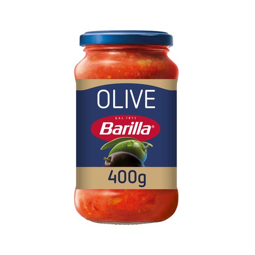 BARILLA Salsa Olive con base de tomate y aceitunas sin gluten 400 g.