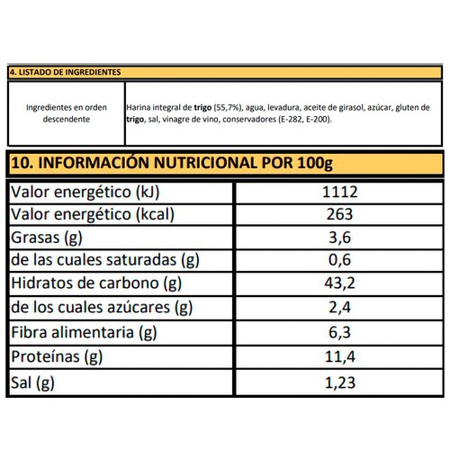Hogaza de pan integral de trigo 360 g.