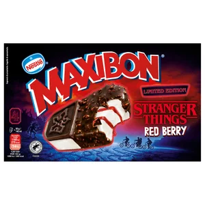 MAXIBON Stranger things Sandwich de nata con salsa de arándanos rojos y trocitos de galleta roja 4 x 140 ml.
