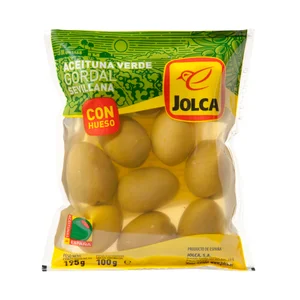JOLCA Aceitunas verdes gordal sevillana selecta con hueso bolsa de 100 g.