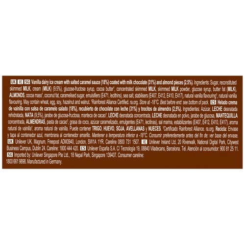 MAGNUM  Bombon de helado de vainilla con caramelo salado y trocitos de almendra 12 uds.