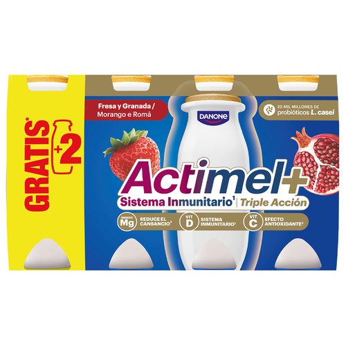 ACTIMEL + de Danone Leche fermentada con Lcasei y sabor a fresa y granada  6 x 94 ml.