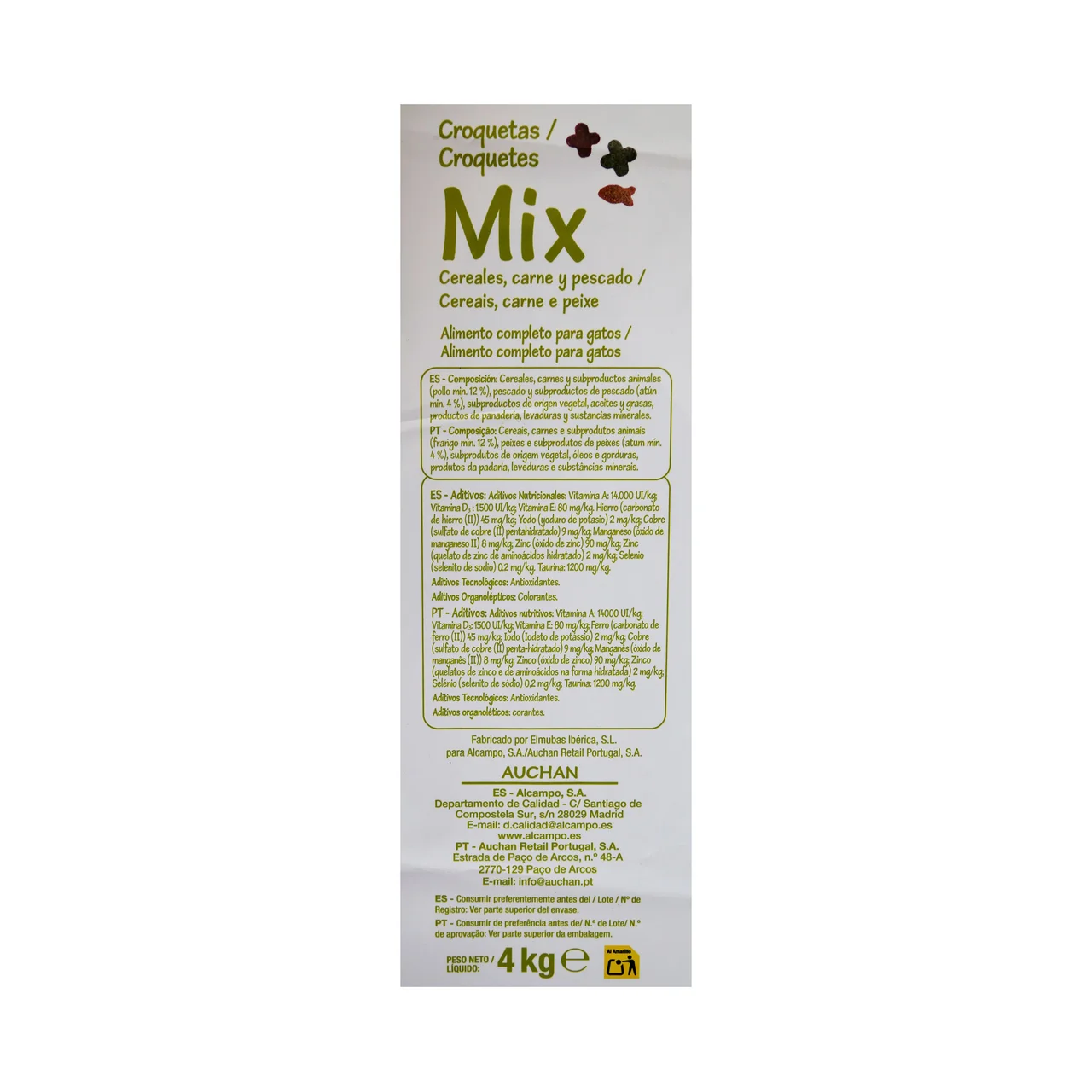 PRODUCTO ECONÓMICO ALCAMPO Pienso para gato a base de carne, pescado y cereales 4 kg.