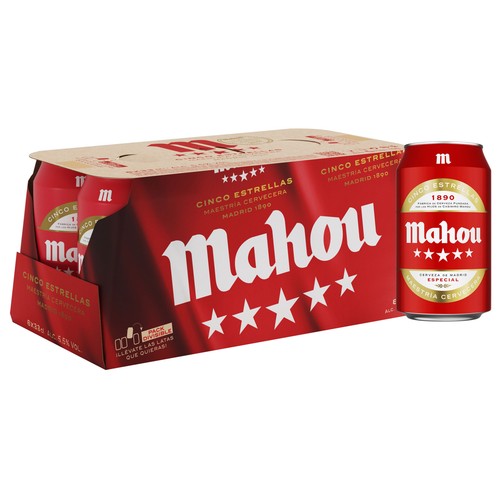 MAHOU 5 estrellas Cerveza rubia hecha en Madrid pack 8 latas  33 cl.