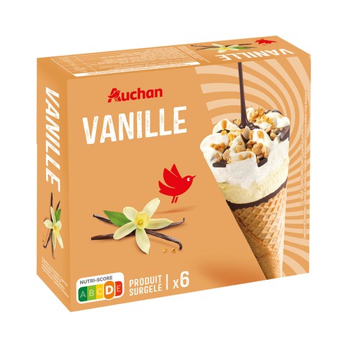 AUCHAN Conos de helado de vainilla con salsa de chocolate 6 x 120 ml. Producto Alcampo