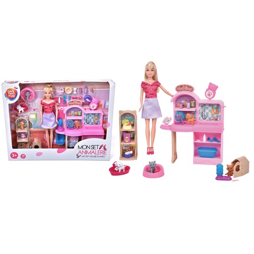 Conjunto de muñecas y mascotas, +3 años, 28 piezas, ONE TWO FUN.