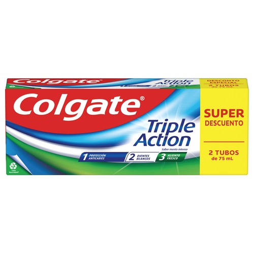 COLGATE Triple acción Pasta de dientes con flúor, calcio y sabor a menta 2 x 75 ml.