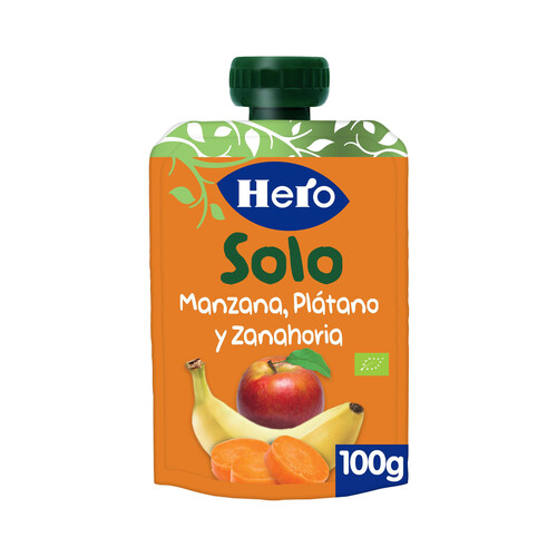 HERO Solo Bolsita de frutas y hortalizas (plátano, manzana y zanahoria) ecológica, a partir de 4 meses 100 g.